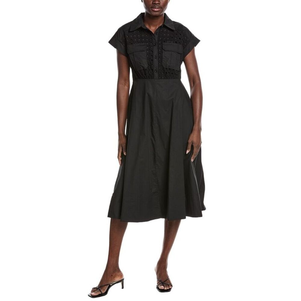 Gracia Womens  Eyelet Bodice Tie Waist Midi Dress, Black